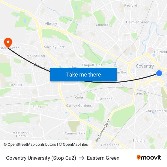 Coventry University (Stop Cu2) to Eastern Green map