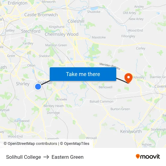 Solihull College to Eastern Green map