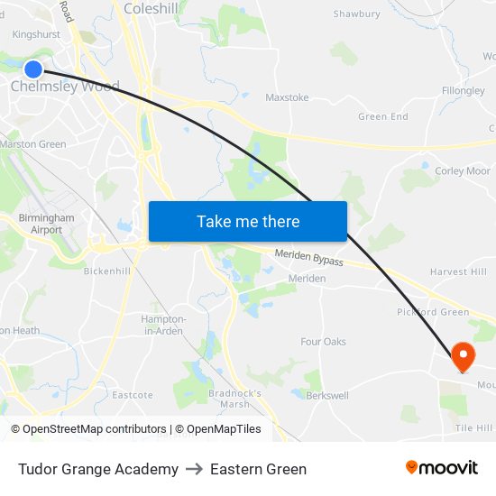 Tudor Grange Academy to Eastern Green map