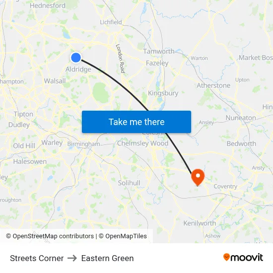 Streets Corner to Eastern Green map