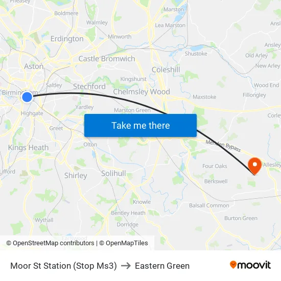 Moor St Station (Stop Ms3) to Eastern Green map