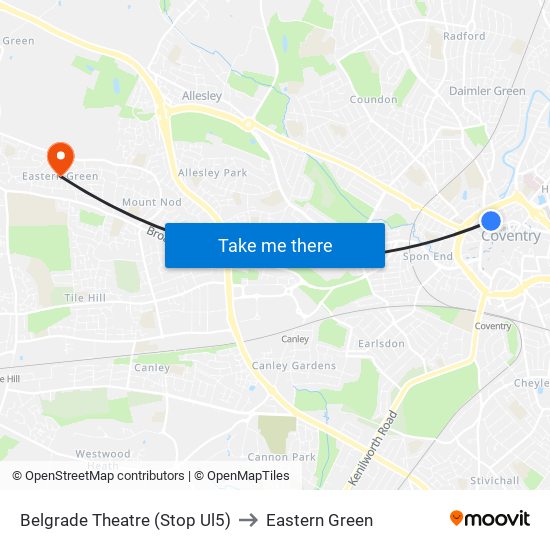 Belgrade Theatre (Stop Ul5) to Eastern Green map