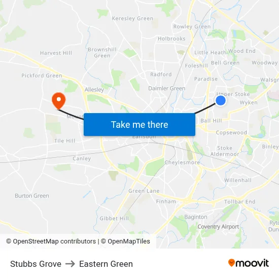 Stubbs Grove to Eastern Green map
