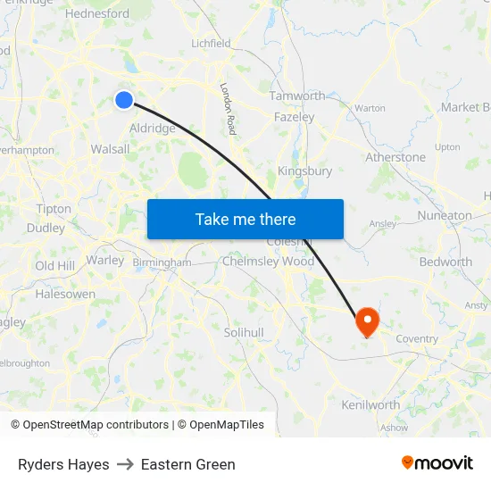 Ryders Hayes to Eastern Green map