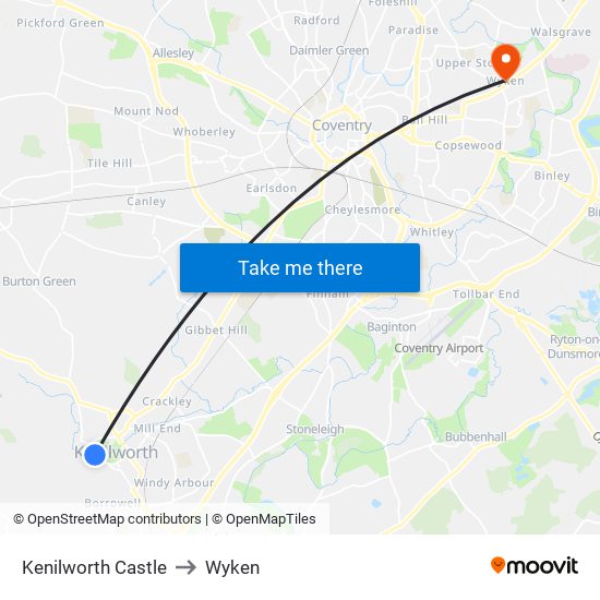 Kenilworth Castle to Wyken map