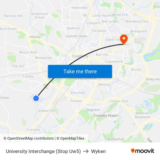 University Interchange (Stop Uw5) to Wyken map