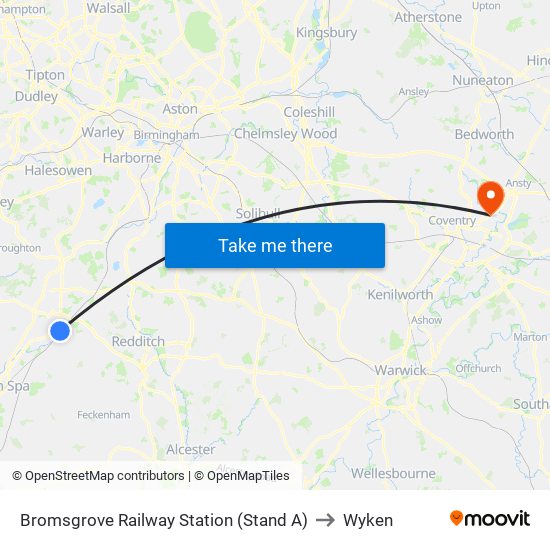 Bromsgrove Railway Station (Stand A) to Wyken map