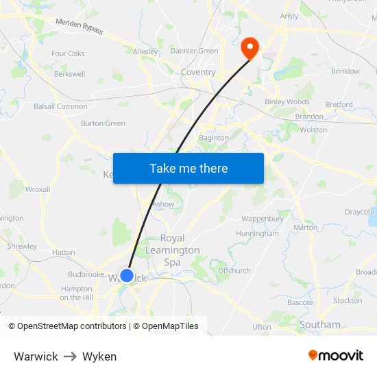 Warwick to Wyken map