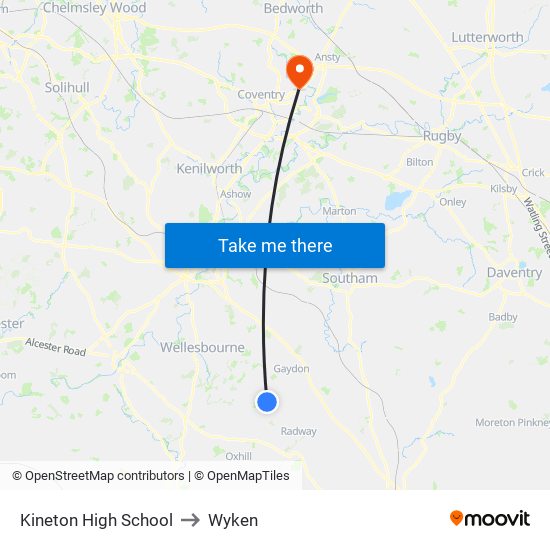 Kineton High School to Wyken map