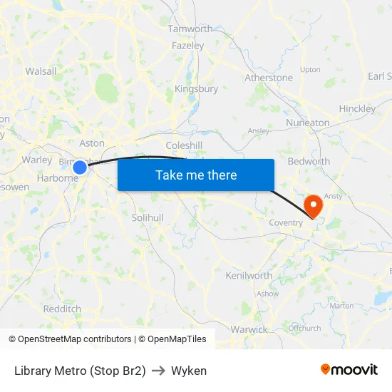 Library Metro (Stop Br2) to Wyken map
