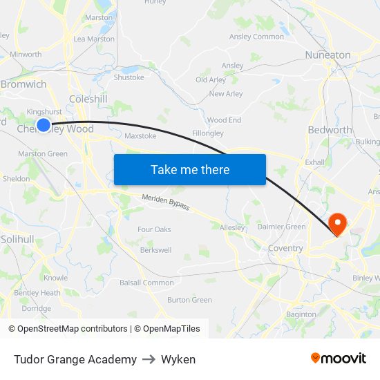 Tudor Grange Academy to Wyken map