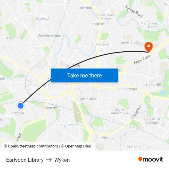 Earlsdon Library to Wyken map