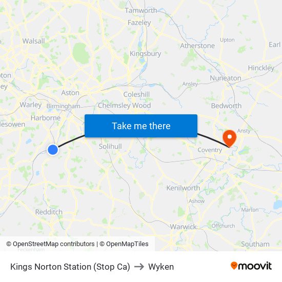 Kings Norton Station (Stop Ca) to Wyken map
