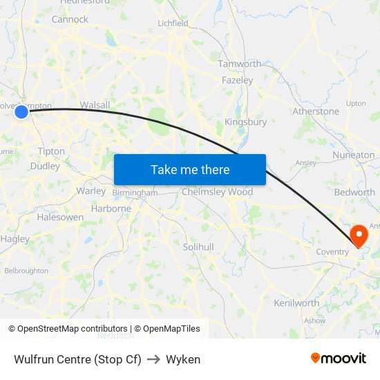 Wulfrun Centre (Stop Cf) to Wyken map