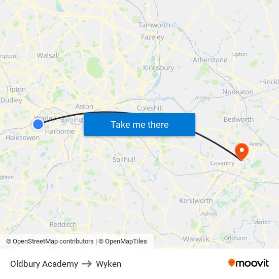 Oldbury Academy to Wyken map