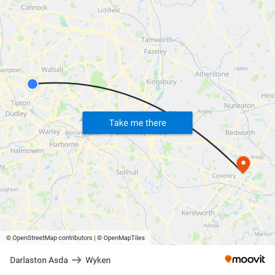 Darlaston Asda to Wyken map