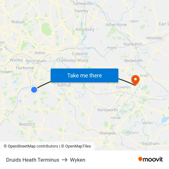 Druids Heath Terminus to Wyken map