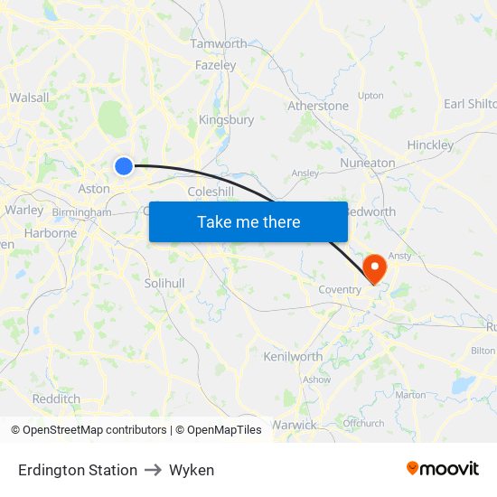 Erdington Station to Wyken map