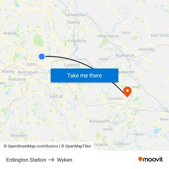 Erdington Station to Wyken map
