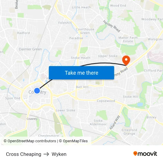 Cross Cheaping to Wyken map