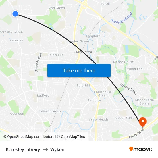 Keresley Library to Wyken map