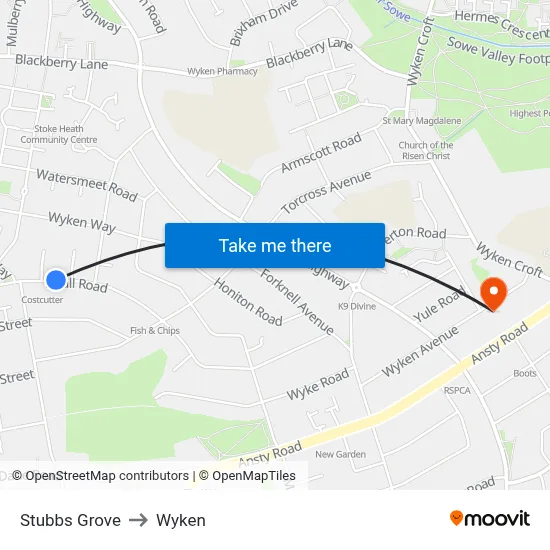 Stubbs Grove to Wyken map
