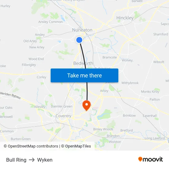 Bull Ring to Wyken map