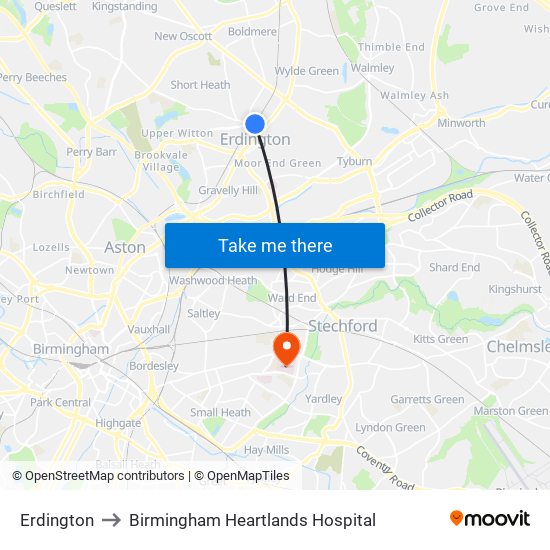 Erdington to Birmingham Heartlands Hospital map