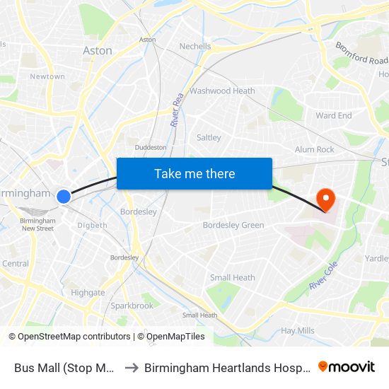 Bus Mall (Stop Ms8) to Birmingham Heartlands Hospital map