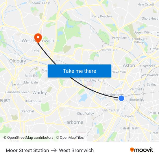 Moor Street Station to West Bromwich map