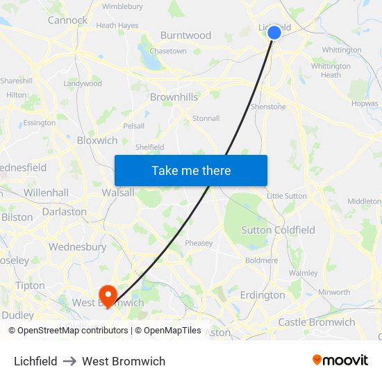 Lichfield to West Bromwich map