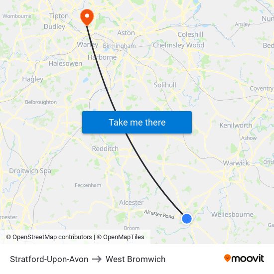 Stratford-Upon-Avon to West Bromwich map