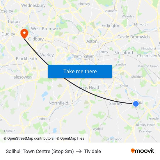 Solihull Town Centre (Stop Sm) to Tividale map