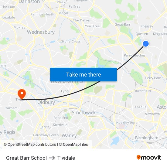 Great Barr School to Tividale map