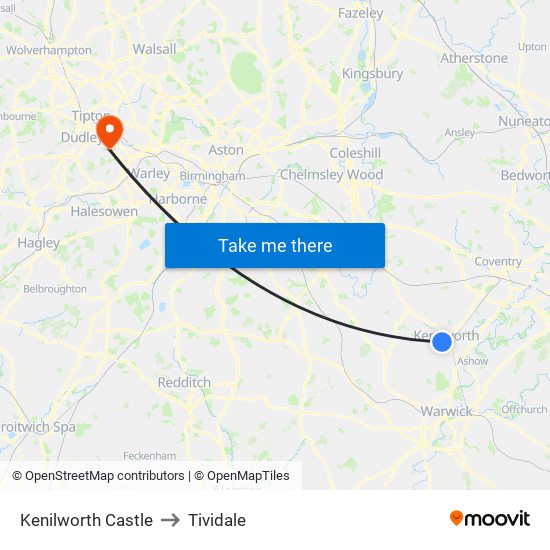 Kenilworth Castle to Tividale map