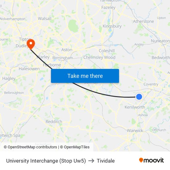 University Interchange (Stop Uw5) to Tividale map