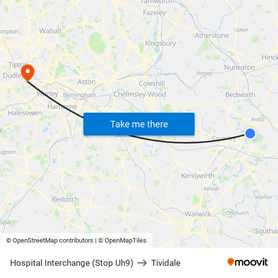 Hospital Interchange (Stop Uh9) to Tividale map
