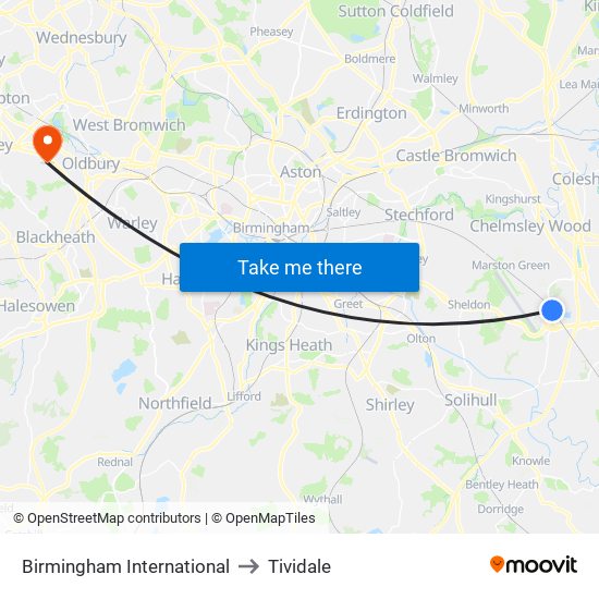 Birmingham International to Tividale map