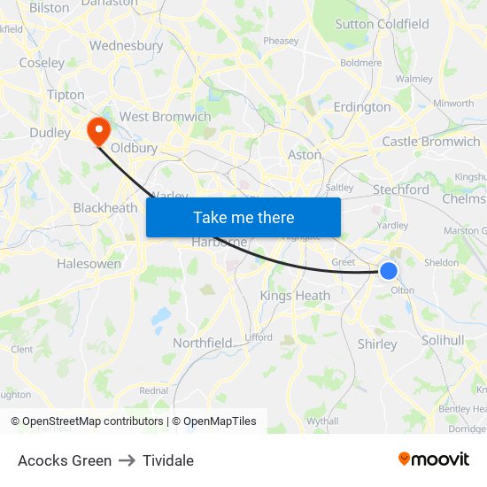 Acocks Green to Tividale map