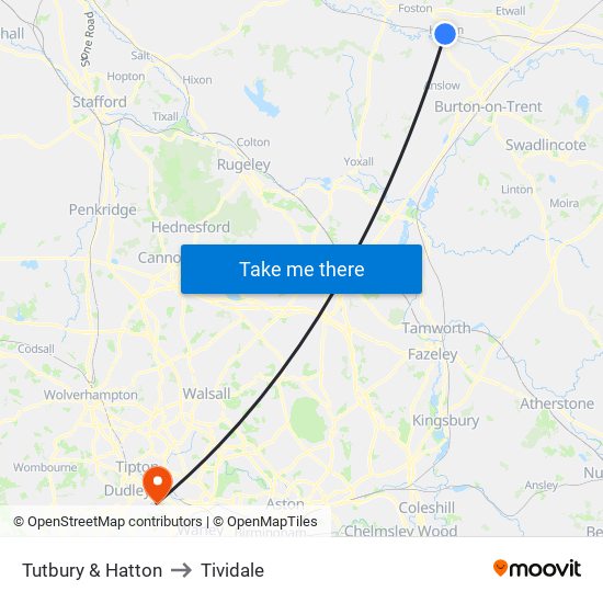 Tutbury & Hatton to Tividale map