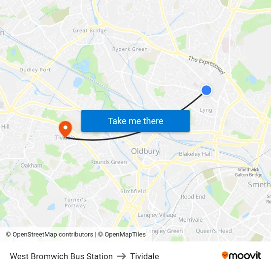 West Bromwich Bus Station to Tividale map