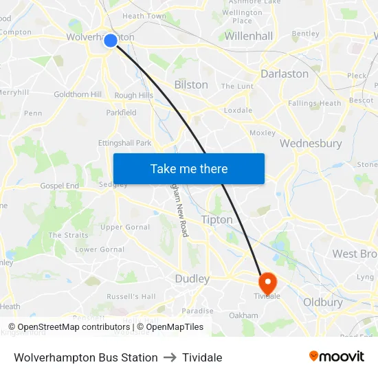 Wolverhampton Bus Station to Tividale map