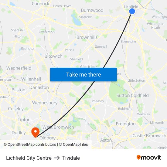 Lichfield City Centre to Tividale map