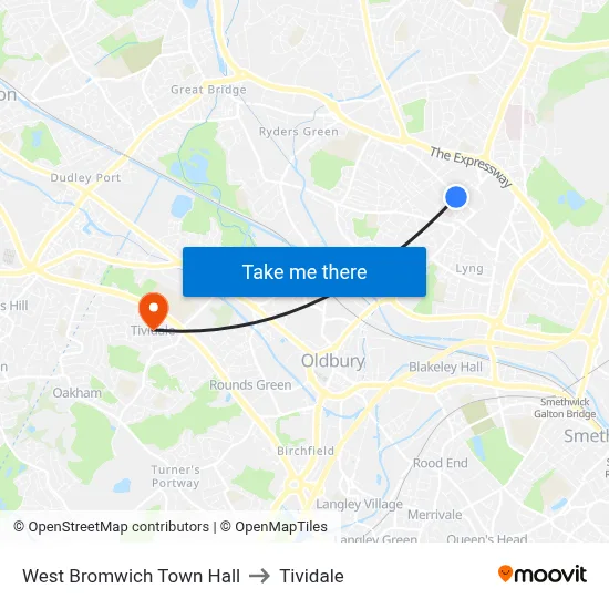West Bromwich Town Hall to Tividale map