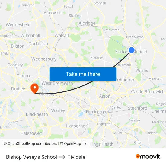 Bishop Vesey's School to Tividale map