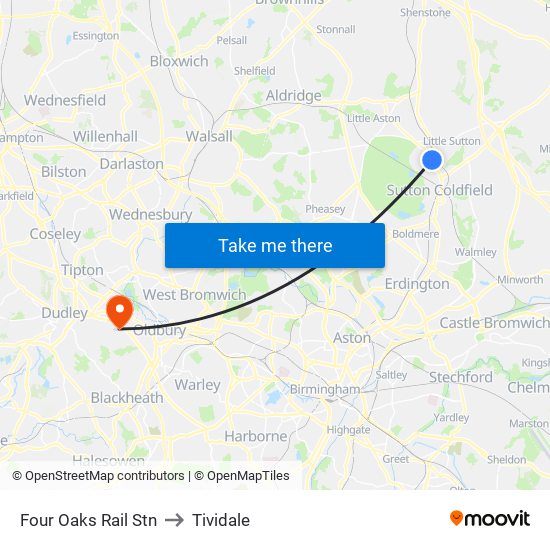 Four Oaks Rail Stn to Tividale map