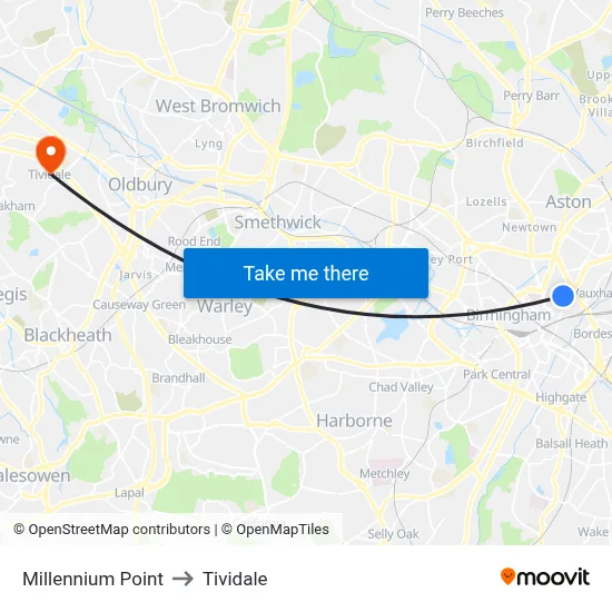 Millennium Point to Tividale map