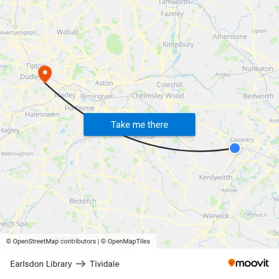 Earlsdon Library to Tividale map