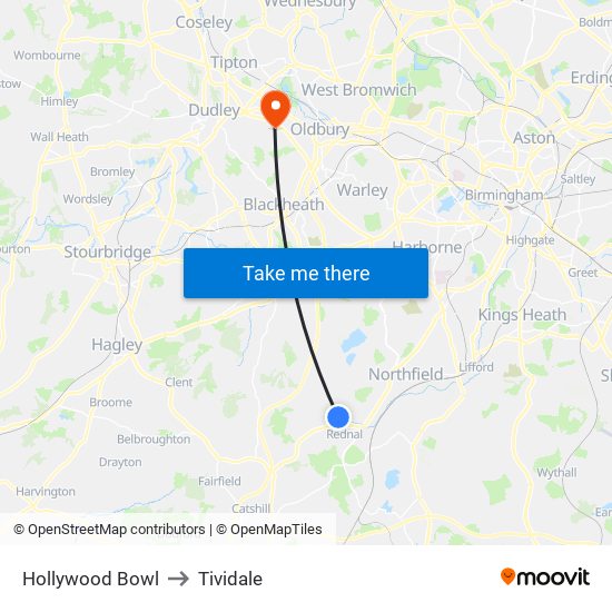 Hollywood Bowl to Tividale map