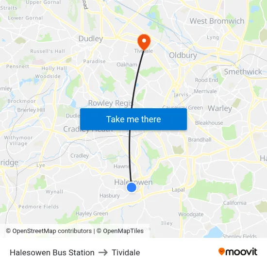 Halesowen Bus Station to Tividale map